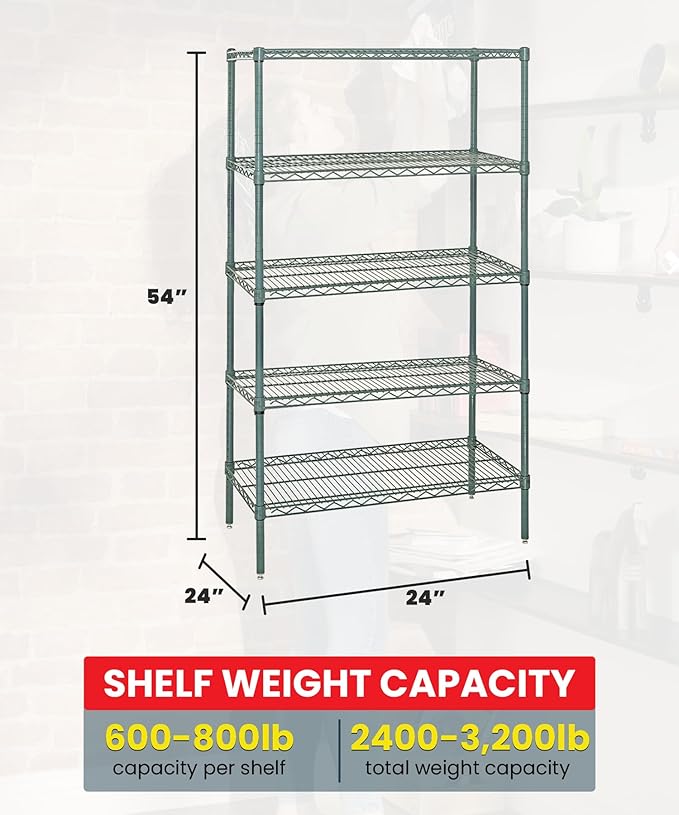 Quantum Storage Systems WR54-2424P-5 Wire Shelving Starter Kit, 24" W x 24" D x 54" H, 600 lbs Capacity, Carbon Steel, Epoxy Coated, Green, NSF