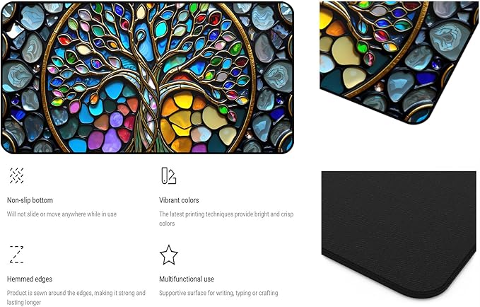 Faux Stained Glass Desk Mat, Tree of Life Desk Pad Mouse pad XXL, Game Pad Large Office Desk Keyboard Mats,with Stitched Edges Non-Slip Base Mousepad, Aesthetic Full Desktop Decor 31.5"X15.7"