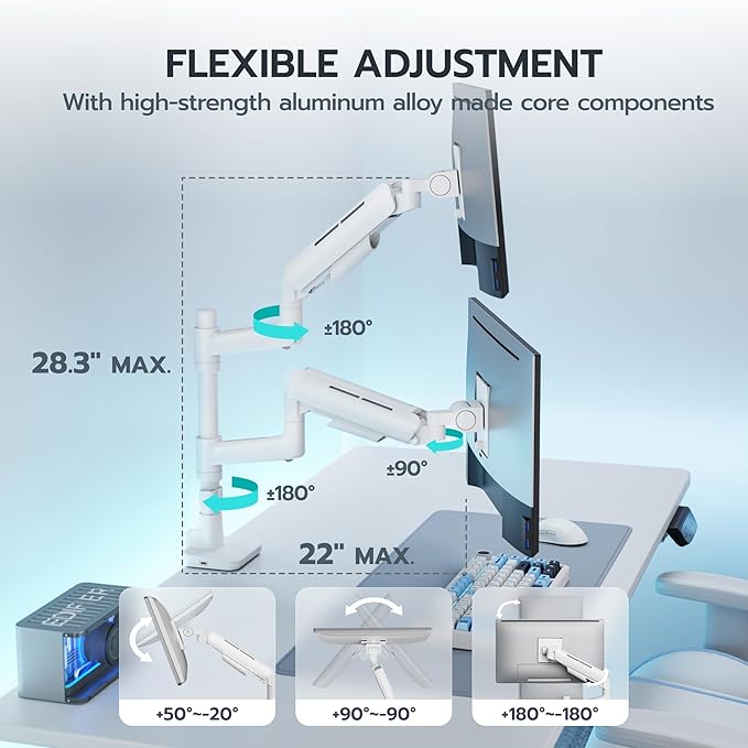 ARES WING Dual Monitor Mount for 17-49 Inch Ultrawide Heavy Duty Curved Screen Stacking, Computer Monitor Arm Desk Mount with USB, Gas Spring Adjustable Vesa Stand, White