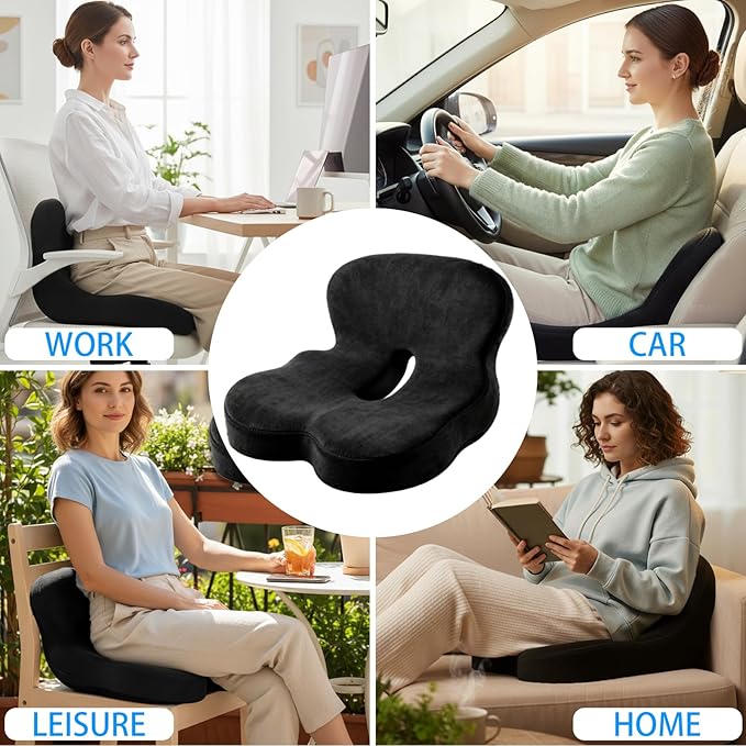 Ergonomic Memory Foam Reenly Seat Cushion & Non-Slip Base with Adjustable Straps,Seat Cushion for Truck Driver and Office Chair Cushion,Removable Washable Cover- Plush Velvet