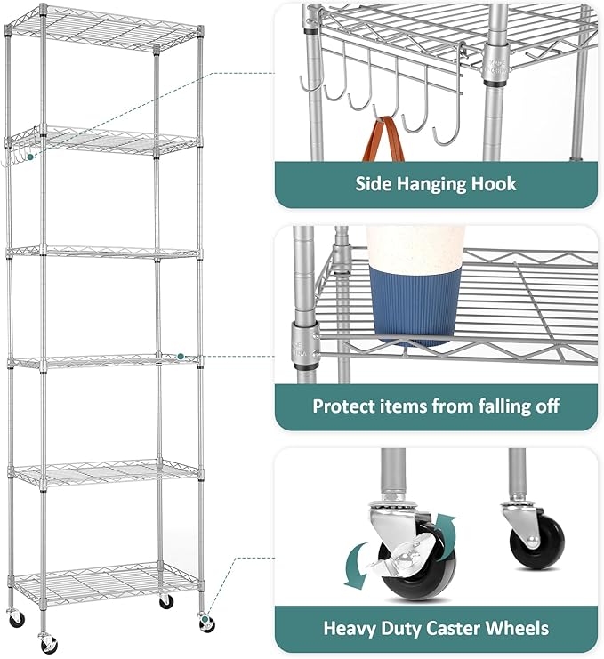Homdox 6-Tier Storage Shelf Wire Shelving Unit Free Standing Rack Organization with Caster Wheels, Stainless Side Hooks, Silver Gray | Rack Organization