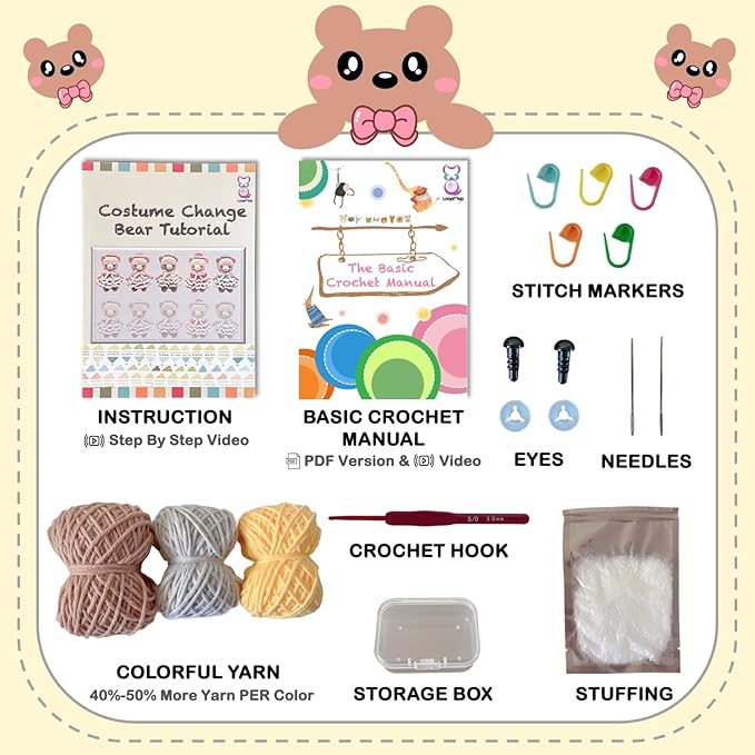 LoopMap Amigurumi Crochet Kit for Beginners with Removable Dress & Video Tutorials, DIY Bear Making Kit Includes Premium Yarn & Tools, Creative Gift for Adults Teens (Yellow)