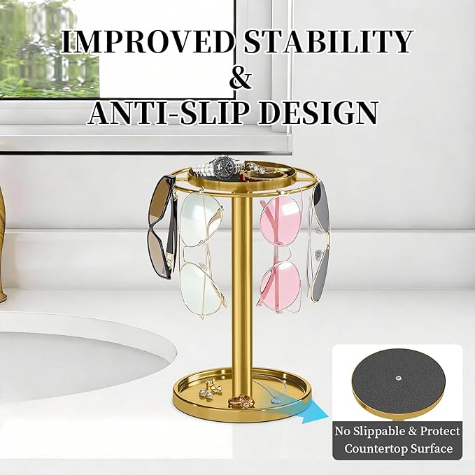 LSK 360° Rotating Sunglasses Organizer, Stainless Steel Glasses Holder Stand with Organizer Tray, Eyeglasses Holder with Storage Base for Dresser, Desk Table, Nightstand & Home Decor, Gold