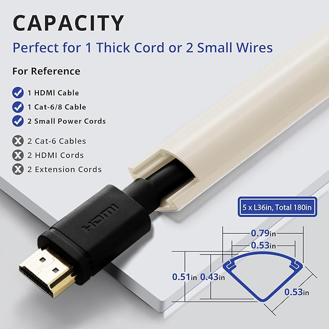 ZhiYo Corner Cable Concealer, Corner Cord Hider for One Cord, 180in (5 x L36in) Wire Covers for Cords, Paintable Cord Cover, Cable Management Channel Raceway for Wall, Floor Baseboard, Ceiling, Beige