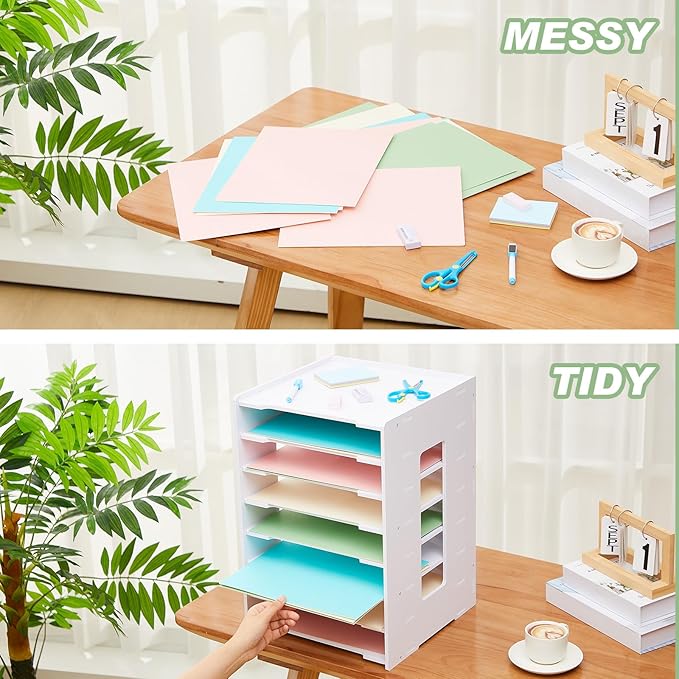 Juexica Scrapbook Paper Organizer 8 Tier File Holder for Desk 12 x 12 Stackable Paper Trays Desktop File Organizer for Home Office School Decorations, White