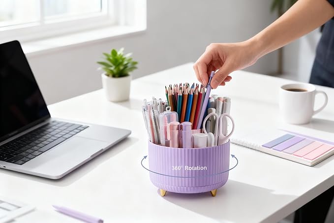Ovatt Purple Office Desk Accessories, 15pcs Office Supplies 360°Pen Holder Desk Organizers and Accessories with Purple Stapler and Tape Dispenser Set, Cute Desk Accessories for Women Gift Set