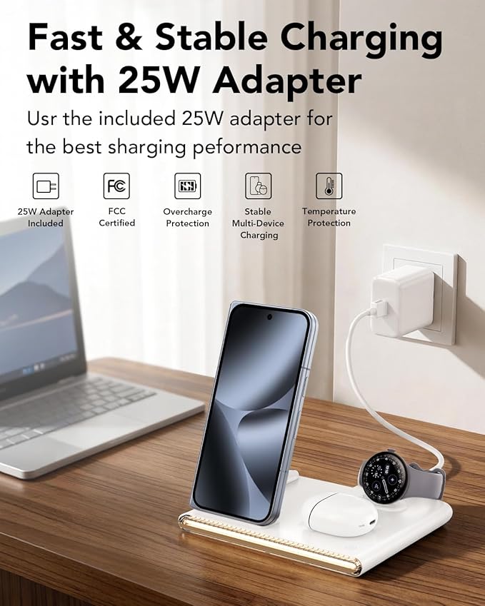 3 in 1 Foldable Charging Station for Google Pixel Watch 4, Wireless Charger for Google Pixel,Fast Wireless Charger Stand, Travel Charger for Pixel 10 Pro/Pro XL/Fold,Buds Pro 2(Only for Watch 4)