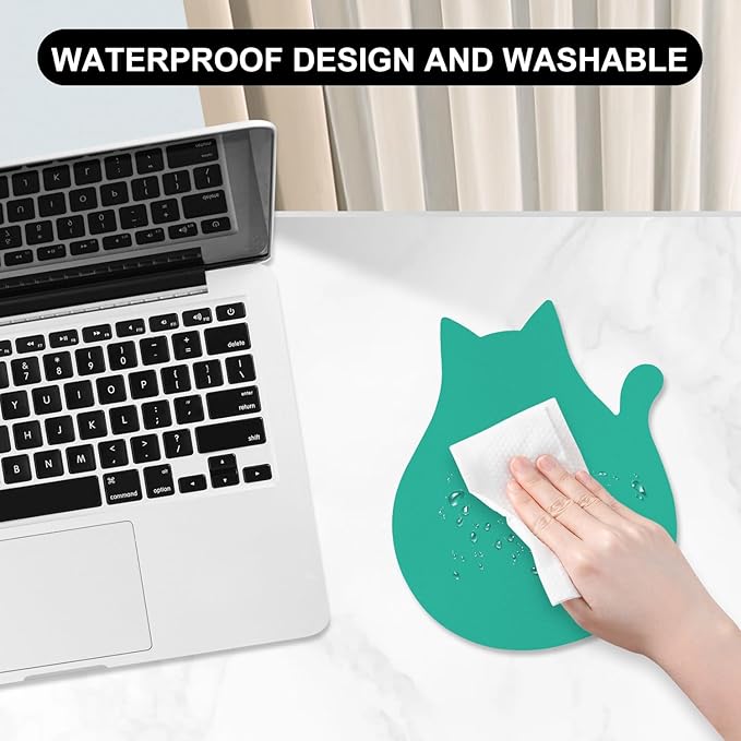 Funny Leather Mouse Pad Cute Cat Shape Office Desk Accessories Decor for Women Small Mousepad with Non-Slip Rubber Base Washable Waterproof, 9.7" x 8", Light Green