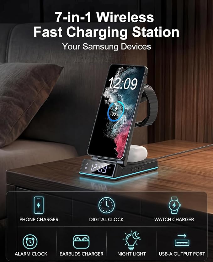 Wireless Charger for Samsung,7 in 1 Wireless Charging Station Foldable Fast Charger Stand with Night Light/Alarm Clock for Samsung Galaxy S26/S25/S24/S23/S22/S21/Galaxy Watch Ultra/8/7/6 Galaxy Buds