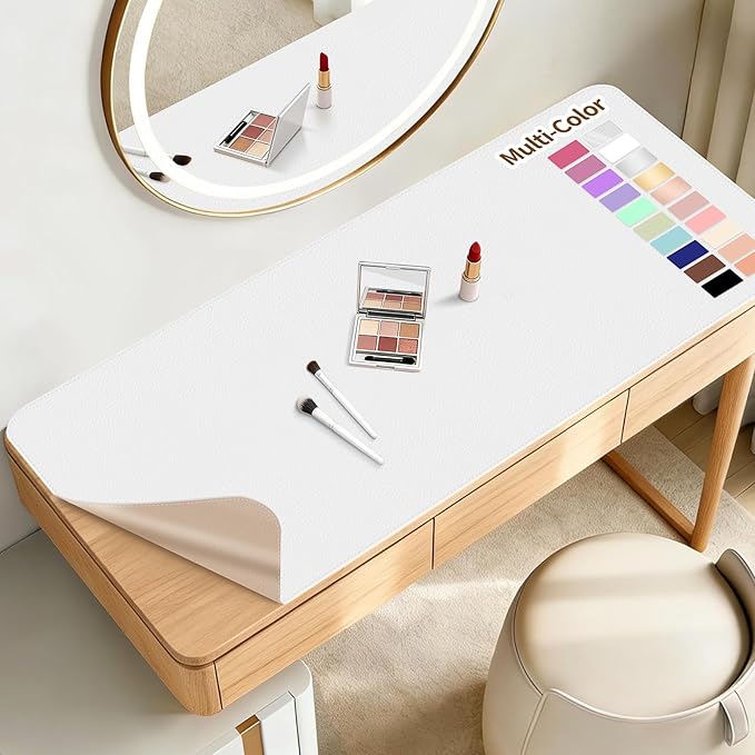 Makeup Mat for Vanity to Protect Desk Top 43.3 x 15.7 in, Dual-Sided Makeup Mat, Easy to Clean Desk Pad - Waterproof and Oilproof Vanity Accessories (White and Khaki)