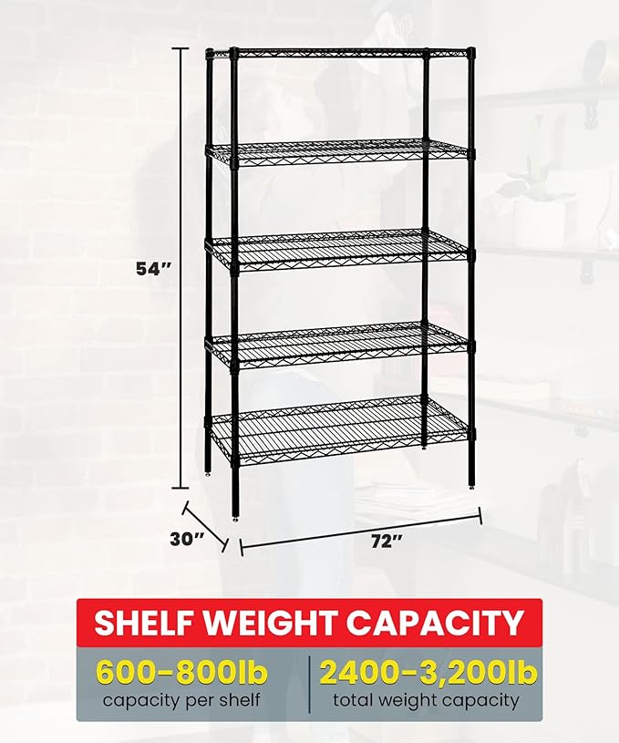 Quantum Storage Systems WR54-3072BK-5 Wire Shelving Starter Kit, 72" W x 30" D x 54" H, 600 lbs Capacity, Carbon Steel, Epoxy Coated, Black, NSF
