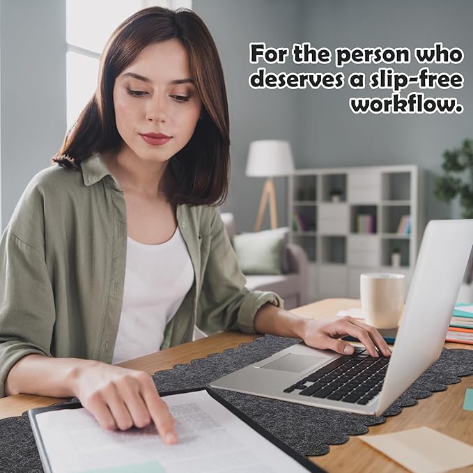 Copkim 35 x 16.5 Inch Felt Desk Mat with Scalloped Edges, Large Felt Mouse Pad Non Slip Scalloped Computer Laptop Desktop Pad for Keyboard and Mouse Home Office(Black Gray)