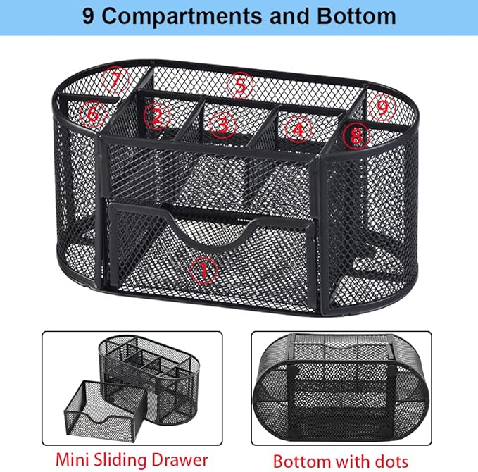 Desk Organizer Stationery Storage, Pencil Holder for Desk, Wire Mesh Office Supplies Desk Accessories Workspace Organizers with 9 Compartments and Mini Drawer (Black)