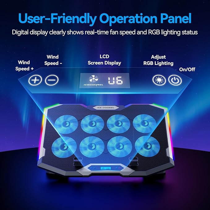 ICE COOREL Gaming Laptop Cooling Pad with 8 Cooling Fans, Laptop Fan Cooler Pad for 15-17.3 Inch, Notebook Cooler Stand with 6 Height Adjustable, RGB Cooling Pad with Two USB Port + Phone Stand