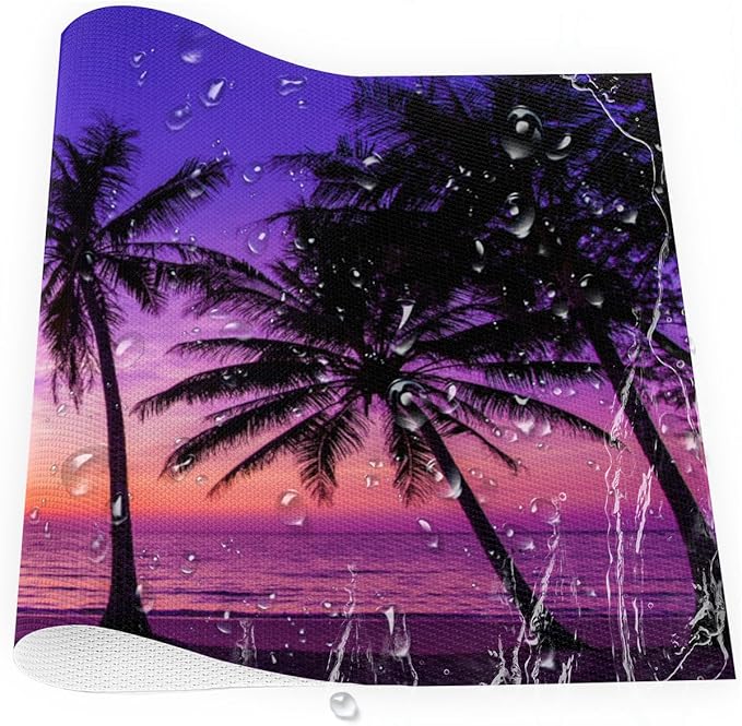 Placemats Set of 4 Heat-Resistant Rectangle Place Mats Beach Purple Sunset Washable Plastic PVC Dining Table Mat Non-Slip Wipeable Woven Vinyl Placemat for Kitchen Patio Table Decor