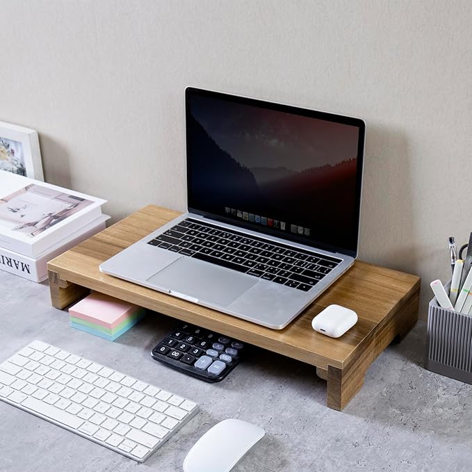 MyGift Premium Acacia Solid Wood Desk Monitor Stand, Laptop Riser & Keyboard Storage – Wooden Desktop Organizer for Screen Display and Workspace Organization