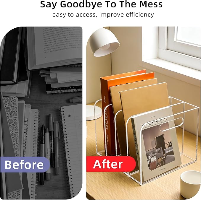 4 Vertical Compartments Clear Acrylic Magazine & File Holder – Multipurpose Desk Organizer for Office, Tablets, Magazines, Books – Documents/Home/Classroom Rack