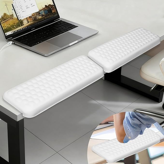 Arm Rest Pads for Desk – 2 Pack PU Leather Ergonomic L-Shaped Elbow Cushions with Non-Slip Base, Memory Foam Wrist & Arm Support for Office, Home, and Gaming (White)