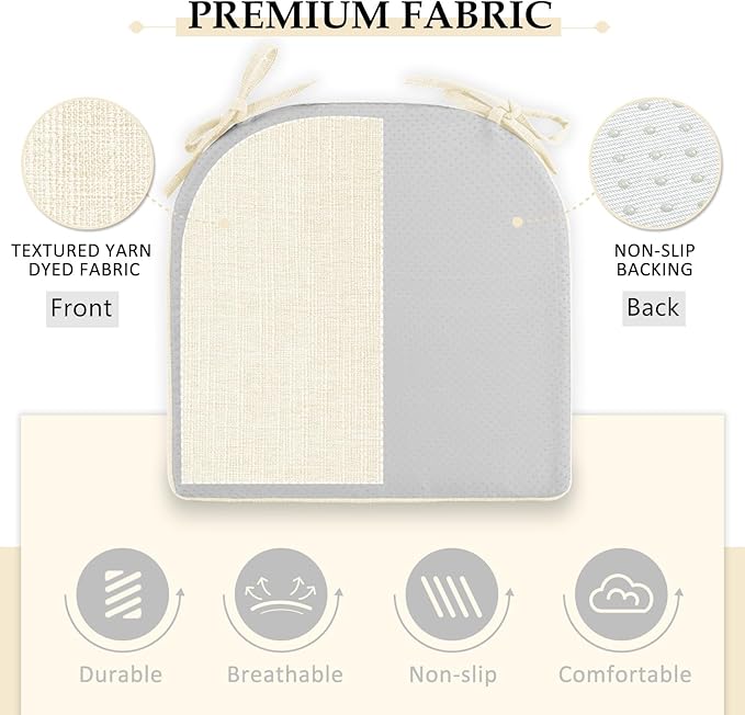 Wellsin Chair Cushions for Dining Chairs 4 Pack - Kitchen Chair Cushions with Ties and Non-Slip Backing - Dining Chair Pads 16"X16"X2", Beige