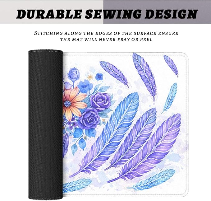Boho Dreamcatcher Mouse Pad, Watercolor Purple Feather Floral Gaming Desk Mat Waterproof Stitched Edges Rubber Base Non-Slip Deskmap Computer Keyboard Mat, 31.5x11.8in Desk Home Office Gaming