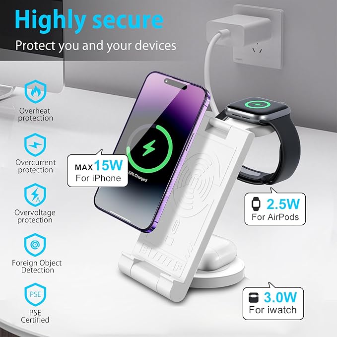 2024 Upgrated Wireless Charger: 3 in 1 Charger Stand Multiple Devices for Apple - iPhone 16 15 14 Pro Max 13 12 11 - Watch 10 9 8 7 6 5 4 3 2 SE and Ultra Series - Airpods 4 3 2 Pro