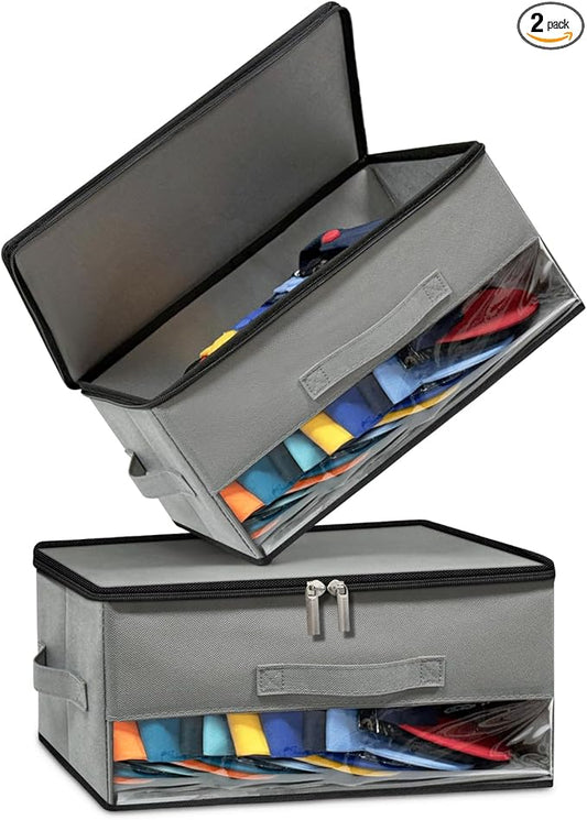 2 PCS Stackable Hat Storage for Baseball Caps, Space Saving Hat Organizer Box for Closet, with All Around Cardboard Support, Zipper Lid, Clear Window and 3 Handle, Each Holds 12 Hats, Grey