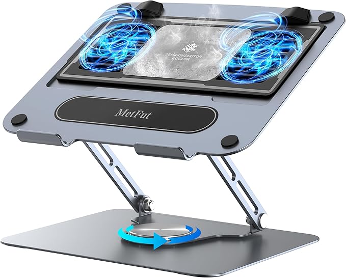 Metfut Laptop Cooling Pad with Detachable Fan & Cooler, Adjustable Height & Angle, 360 Rotation Base, Carbon Steel Framework, Ultra-Quiet & Super Sturdy for 15.6” Laptop, DJ Mixer Workstation (Grey)