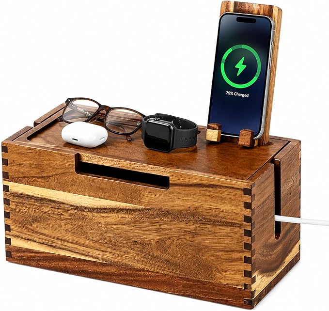 Wooden Cable Management Box with Detachable Phone Stand, Cord Organizer Box for Power Strip & Charger, Ventilated Wire Storage Box with Storage Tray for Desk, Nightstand & Home Office (Brown)