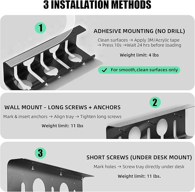 Under Desk Cable Management Tray, 16.5" L x 4.7" W x 4.3" H, 2 Pack Under Desk Cable Tray, Wire Organizer for Power Strip, Tape Mount or Screw Mount, Easy Install Cord Raceway for Desk & Home