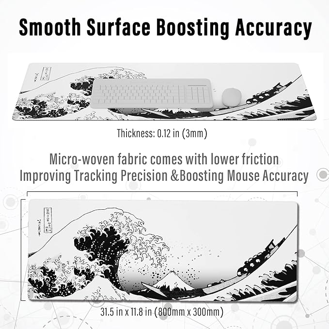 Ovenbird Gaming Mouse Pad with Stitched Edges, Japanese Wave Extended XL Mousepad with Anti-Slip Base, Cool Large Mouse Pad for Desk, 31.5 x 11.8 in, Black and White