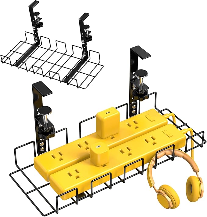 LUXEAR Under Desk Cable Management Tray 2Pack No Drill C-Clamp Standing Desk Cords Organizers 15.7“ High Capacity Adjustable Removable Docking Station Wires Holder Rack Office Kitchen Table Raceway