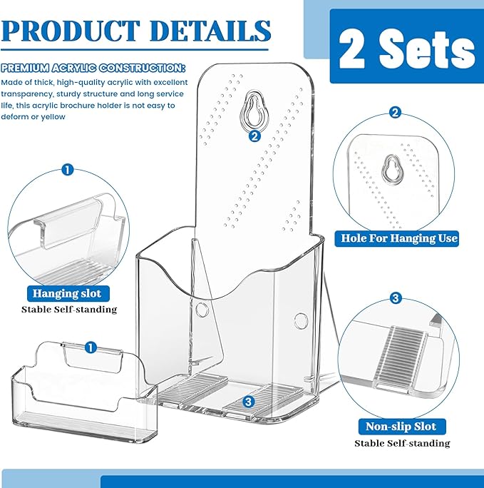 2 Pack 4 inches Brochure Holder Stand, Acrylic Pamphlet Display Stand, Plastic Table Stand Sign Holder with Slant Back Design for office, Store, Booklet, Document, Literature