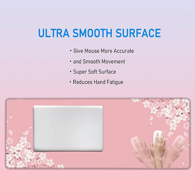 Large Pink Mouse Pad,Japanese Pastel Cherry Blossom Gaming Mousepad,Sakura Flowers Aesthetic Extended Keyboard Desk Protecter Mat for Women Girl,31.5x12in