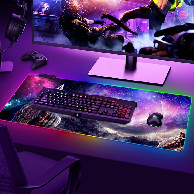 ARTSO RGB Gaming Mouse Pad, Large Extended Soft Led Mouse Pad with 14 Lighting Modes 2 Brightness, Water Resist Keyboard Pad, Computer Mousepads Mat 35.4x15.7inch, Starry Mountains