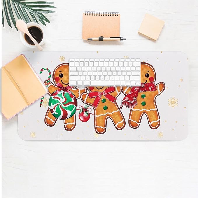 Christmas Mouse Pad PU Leather Gingerbread Man Desk Mat Large Waterproof Gaming Pad Non-Slip Keyboard Mouse Pad Writing Pad for Gamer Office&Home