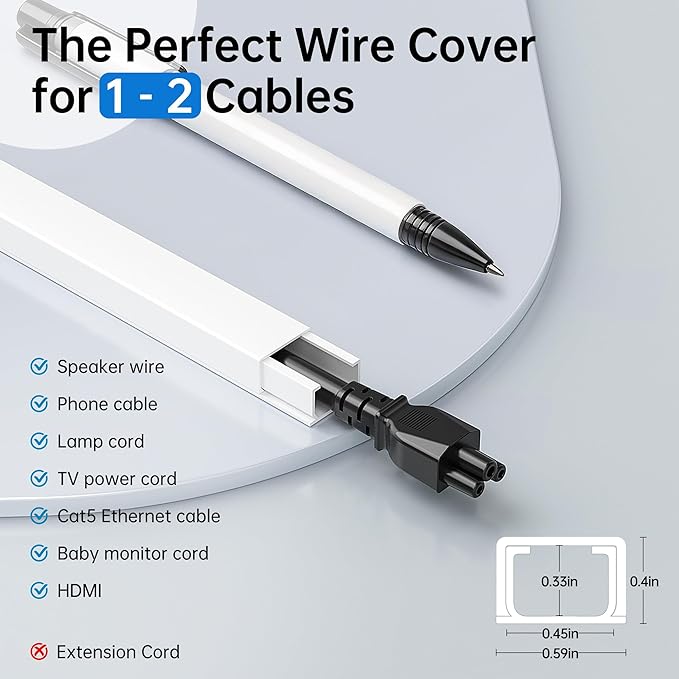 Delamu Cord Hider, 315in Total Cord Covers for Wires on Wall, Paintable Cable Cover for Wall Mounted TV, Easy Install Cable Raceways to Hide 1-2 Cords, 20 Pack, Each 15.7"L x 0.59"W x 0.40"H, White