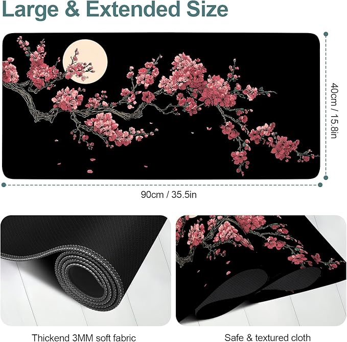 Cherry Blossom Extended Gaming Mouse Pad 35.4 x 15.7 Inch – Japanese-Inspired Desk Mat for Gaming, Office Work, and Study, with Non-Slip Rubber Base