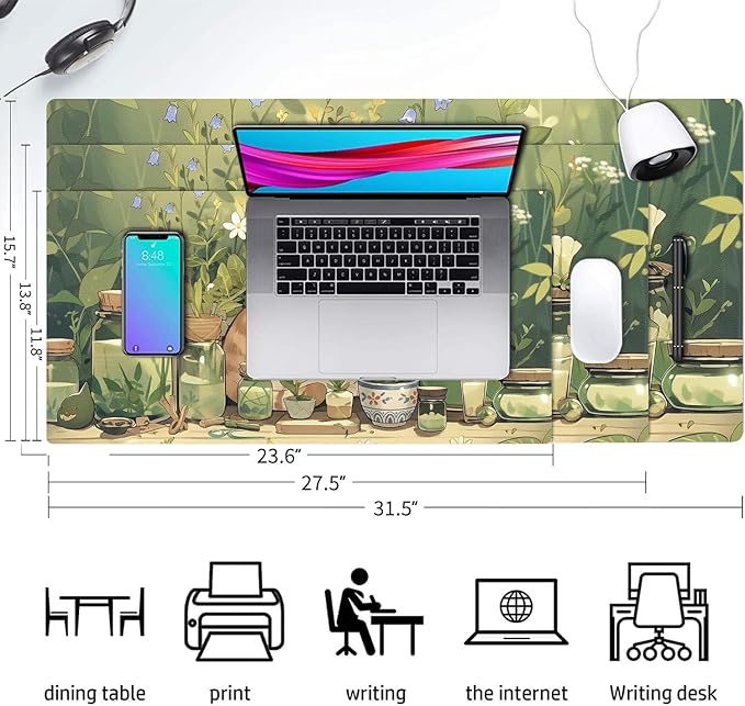 Cute Desk Mat, Kawaii White Cat Large Mouse Pad for Desktop, PU Leather Waterproof Desk Pad, Anti-Slip Computer PC Laptop Protector Gaming Mouse Pads for Office Home Decorations (27.5" x 13.8")
