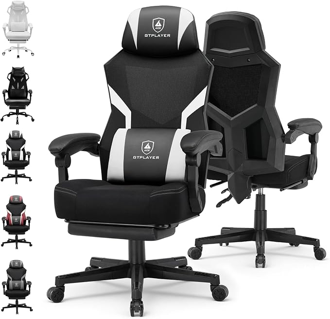 GTPLAYER Computer Chair with Adjustable Footrest, Ergonomic Gaming Chair with Headrest and Lumbar Support, Breathable Mesh Office Chair for Adults, High Back Reclining Desk Chair for Gaming and Office