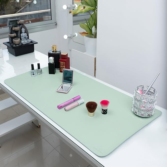 Desk Mat -Computer Desk mat with Non Slip Suede Bottom with Stitched Edges- Waterproof - Leather Desk pad PU Desk Cover for Home, Mouse, Makeup Mat for Vanity (Light Green, 31.5 x 15.7)