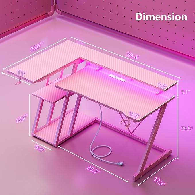 Korfile 40 Inch Pink Gaming Desk with Power Outlet & LED Lights, Corner Computer Desk with 3 Tiers Storage Shelves, L Shaped Gaming Desk with Monitor Stand for Bedroom