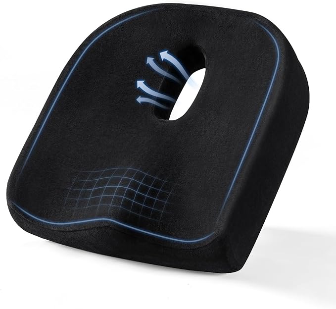 Memory Foam Seat Cushion with Center Cutout, Donut-Style Chair Cushion for Office Chair, Desk Chair and Long Sitting, Coccyx and Tailbone Comfort, Non-Slip Bottom, Removable Washable Cover, Black