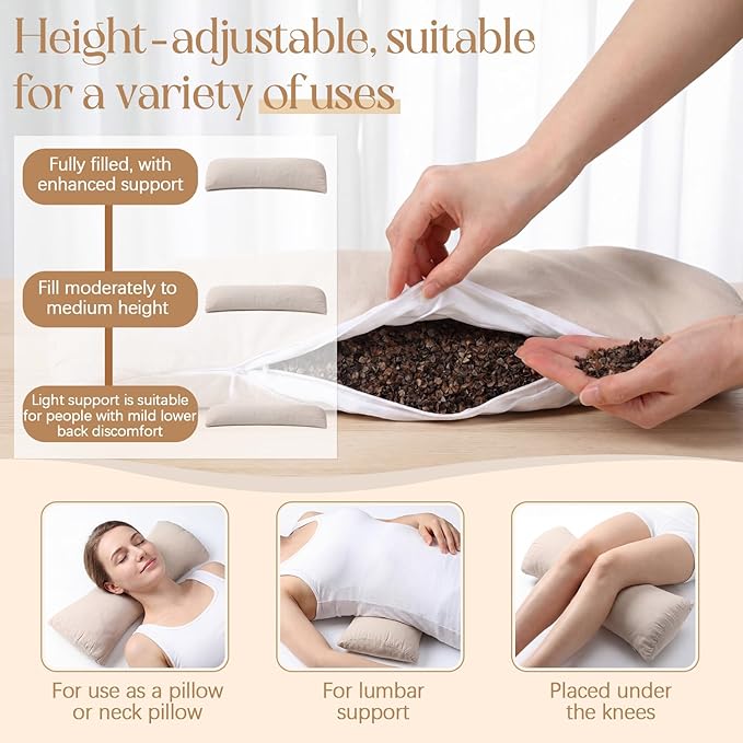 Weysat Buckwheat Lumbar Support Pillow for Bed Sleeping, Ergonomic Curved Neck Waist Pillow for Lower Back Pain Relief, Natural Sweet Buckwheat Hull Filling, Dual Cotton Zippered, 20.1” x 8.7” x 2”