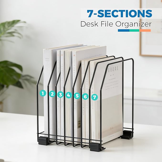 Gawerk File Organizer for Desk, 7-Section Vertical File Sorter, Paper Holder Organizer Standing Metal File Folder for Office Home Classroom, Black (2Pack)