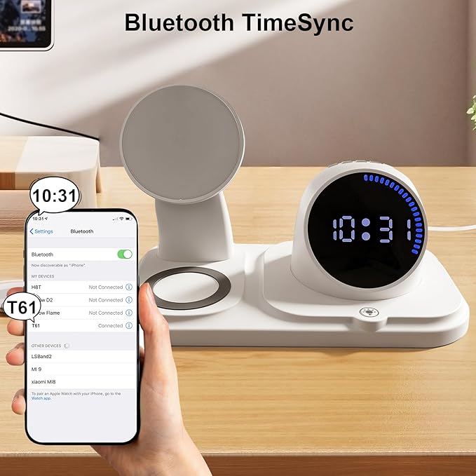 6-in-1 Wireless Charging Station with Bluetooth Speaker,Digital Clock and Ambient Lights,Fast Wireless Charger for for Multiple Devices for Apple - iPhone 17 16 15 14 13 12 Pro Max Apple Watch Airpods
