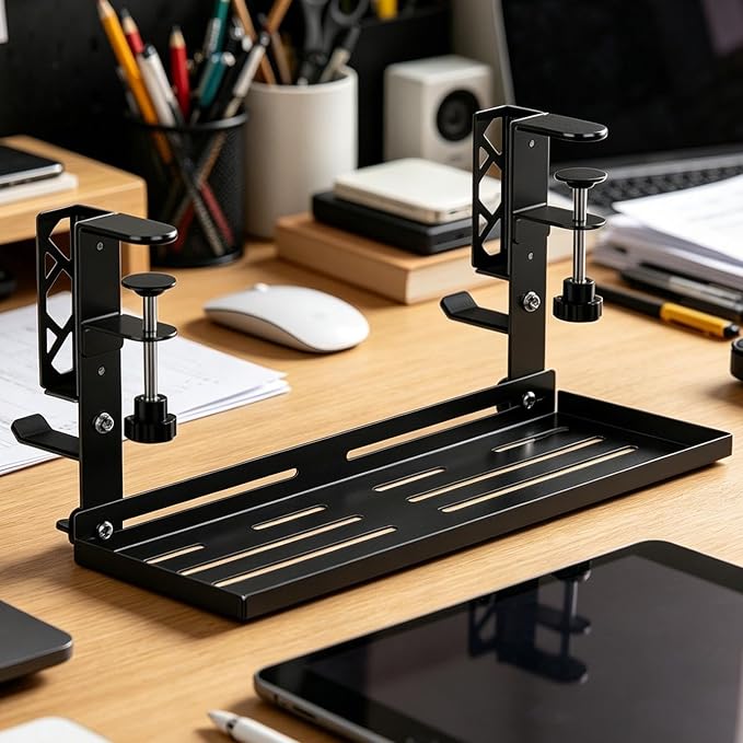 Cable Management Tray - No Drill 15.63 Inch Clamp Mount - Under Desk Cord Organizer,for Bedroom Home Apartment Dormitory Office Internet Cafe
