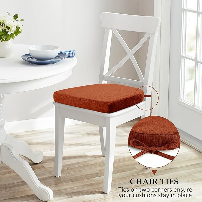 Wellsin Chair Cushions for Dining Chairs 6 Pack - Kitchen Chair Cushions with Ties and Non-Slip Backing - Dining Chair Pads 16"X16"X2", Orange