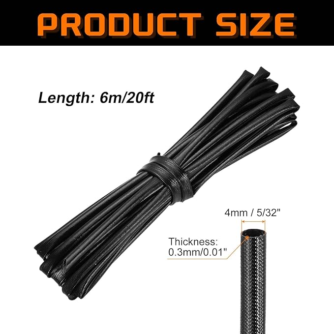 MECCANIXITY 20ft Braided Cable Sleeve, 5/32" ID 200C Heat Resistant 1500V Fiberglass Wire Insulation Cord Protector Organizer Wires Management for Motor Engine Fuel Line, Black