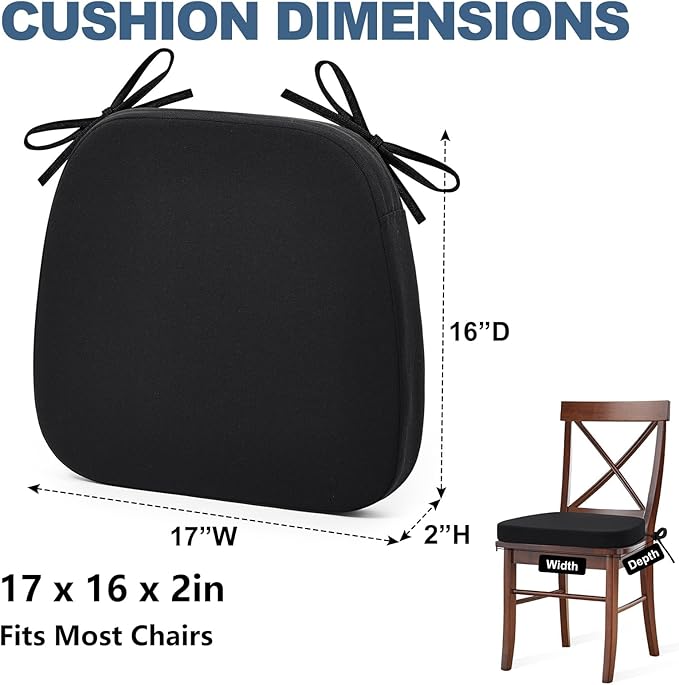 Shinnwa Chair Cushions for Dining Chairs 6 Pack, Non-Slip Kitchen Chair Cushions with Detachable Straps and Machine Washable Cover, Set of 6, 17x16x2in, Black