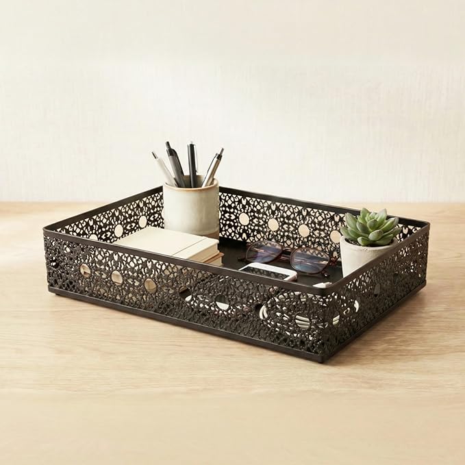 Desk Drawer Organizer, A4 Large Metal Mesh Desk Organizer Tray, Carved Hollow Floral Desk Letter Tray, Versatile Storage Basket for Office Home Supplies,13x9x3 inches (Round Holes,1 PC)